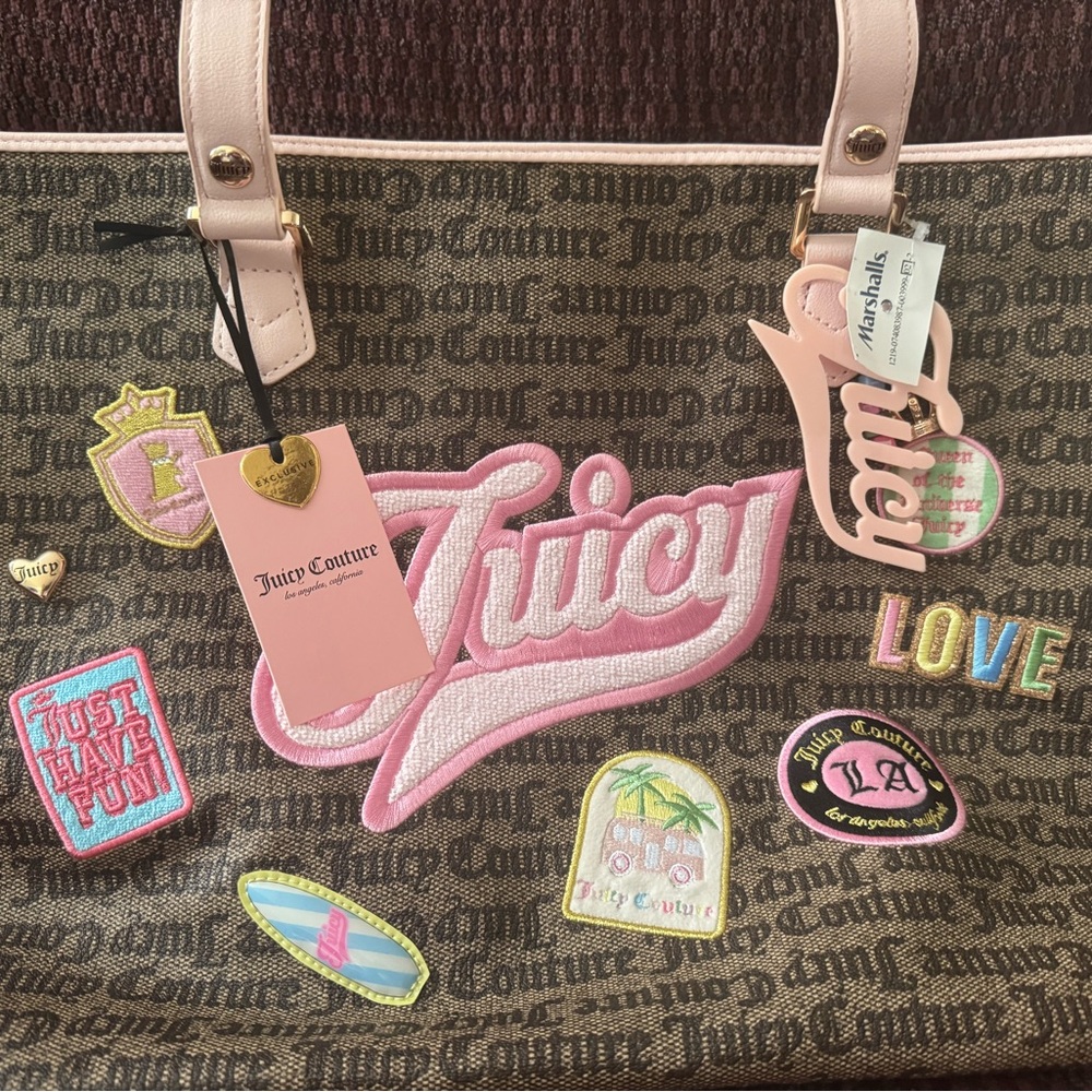 Juicy Couture Brown Logo Tote with Pink Trim and Patch Accents